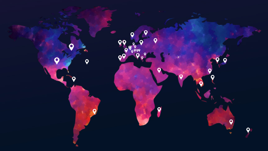 World map showing Bluefox Content's global deployment